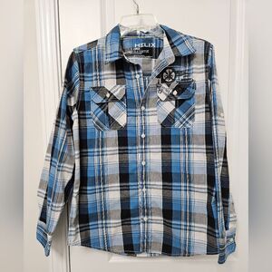 HELIX Shirt Boys Size XL Plaid Long Sleeve Roll Up Pockets Skull Skater See Pics